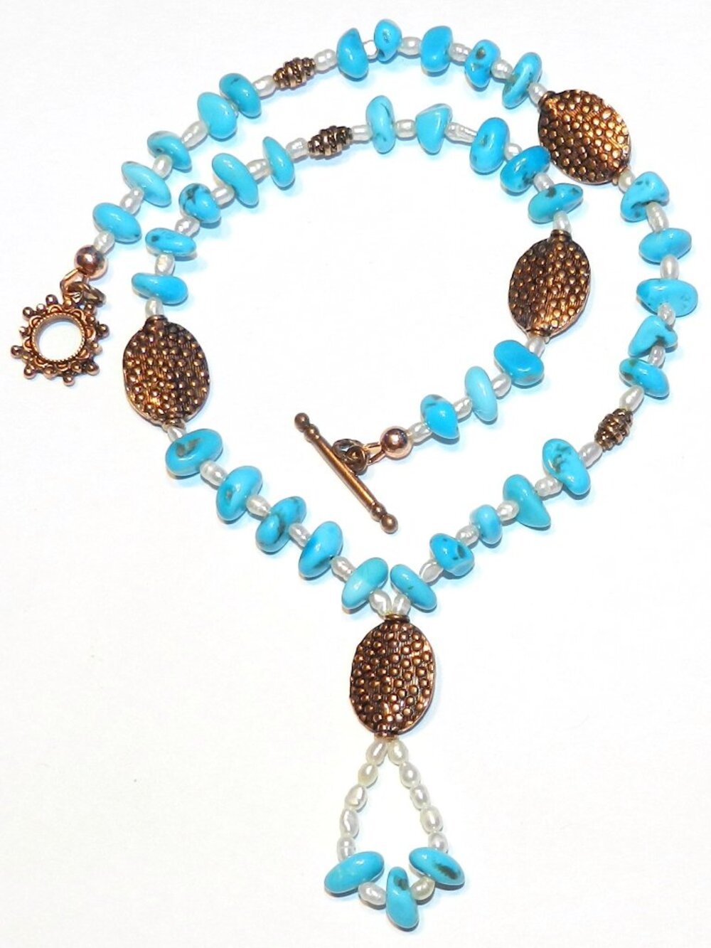 CF117 "Burnished Sky" Sleeping Beauty Turquoise, Pearl & Copper 18" Necklace